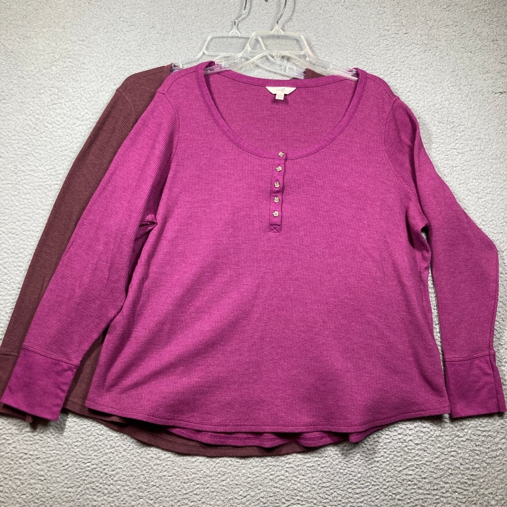 Terra & Sky Henley Shirt Womens 2X Pink Burgundy Waffle Knit Long Sleeve 2 Pack